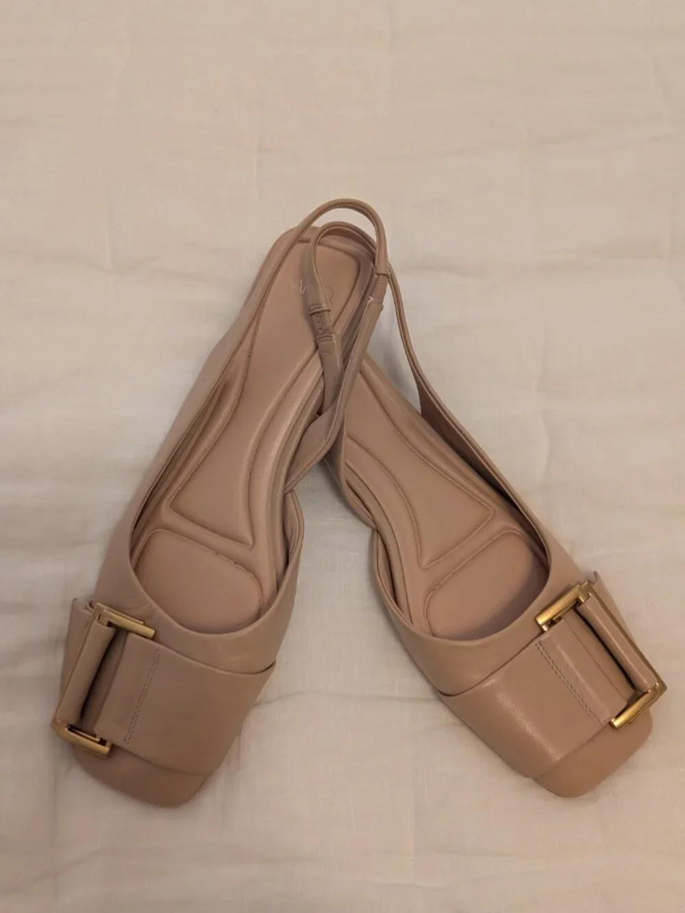 SARTO Nude Leather Square Toe Slingback Flats Gold Buckle Size 9.5